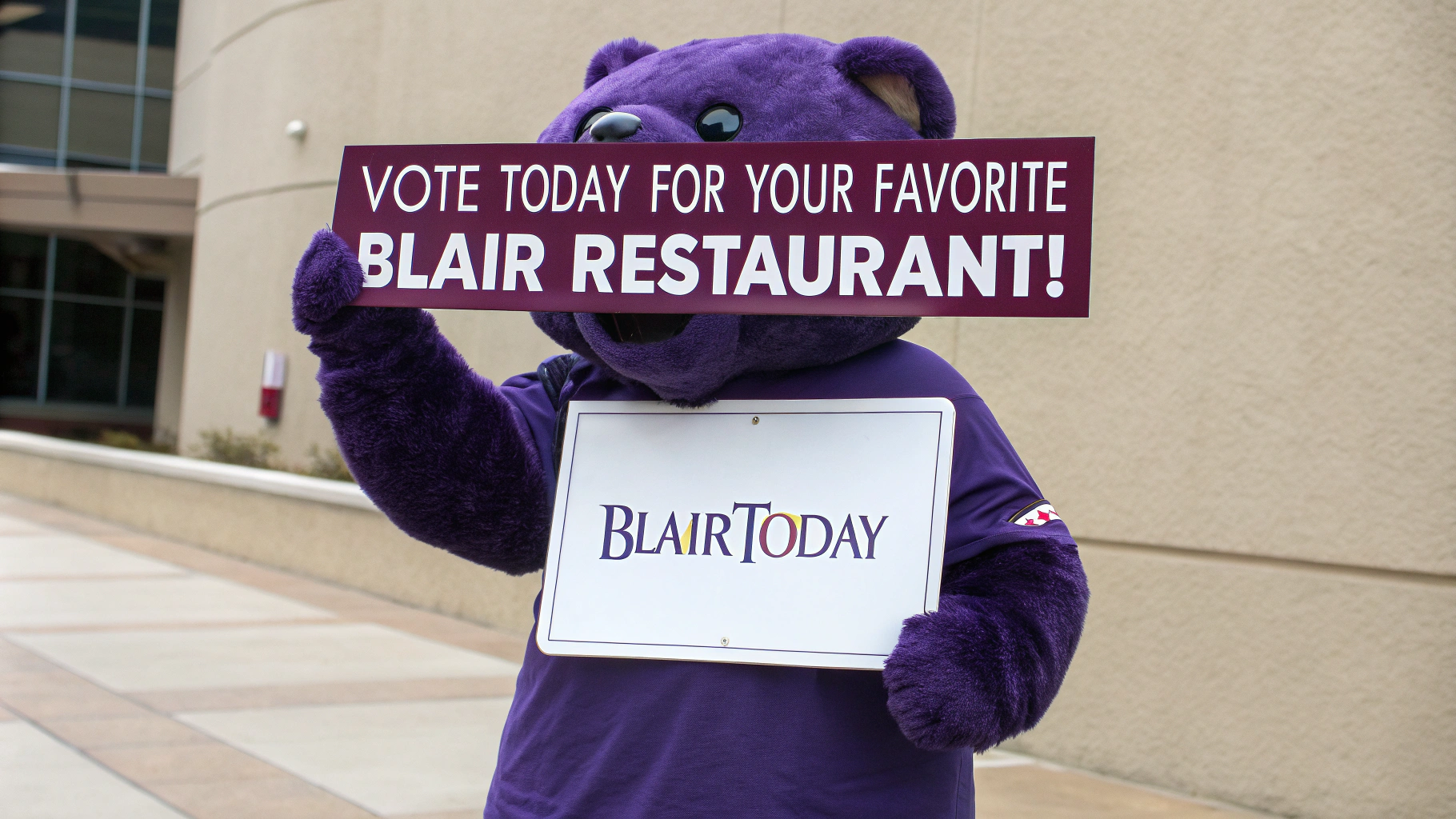 AI generated image by Red Panda AI: Realistic Purple bear wears a shirt that says "BlairToday".  The realistic purple bear holds a sign that says, "Vote Today for Your Favorite Blair Restaurant!"