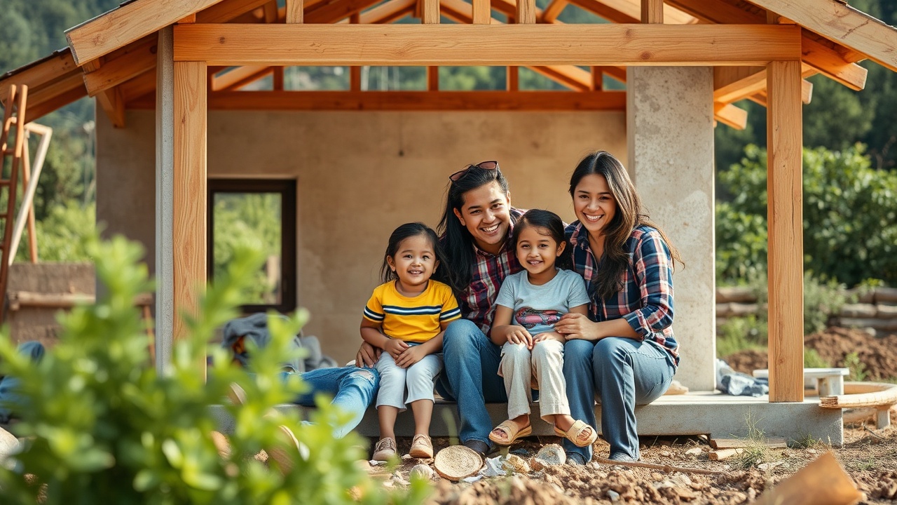 AI generated image by FLUX.1-schnell: creame una imagen con una Familia en un lote o casa en construcción con mensajes que resalten seguridad y prosperidad con caras detalladas y que se vean bien  que sean de nacionalidad boliviana y que en la casa se vean mejor mejora las caras que no se vean borrosas y que esten en un espacio verde y lindo 