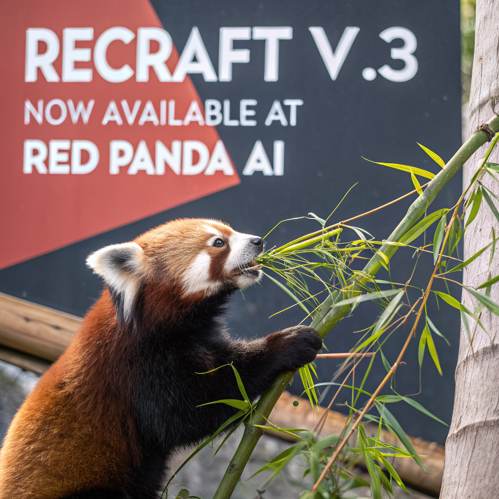 AI generated image by FLUX.1-schnell: a red panda eating a bamboo in front of a poster that says "recraft V3 now available at red panda ai