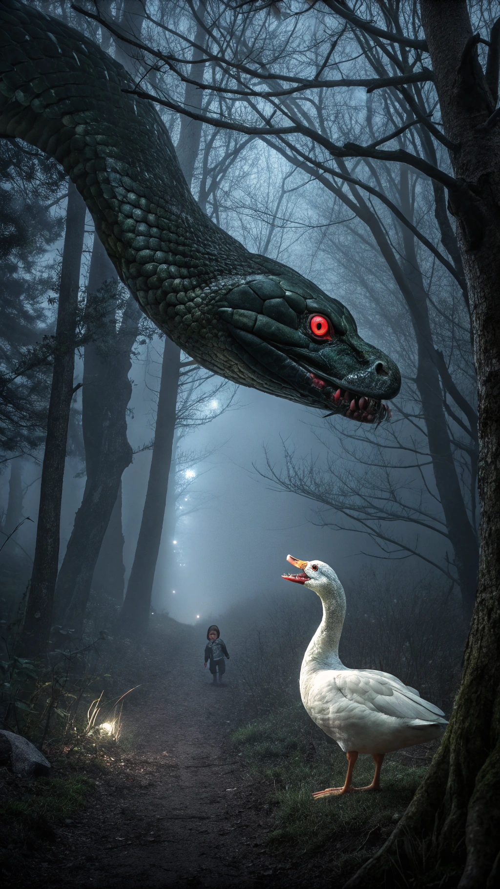 AI generated image by Red Panda AI: In the deep, dark and foggy forest, a large, menacing snake with dark green scales and blood-red glowing eyes, in front of it is a white, frightened duck as big as a 3-4 year old child, with big eyes and blue color. The atmosphere is tense, full of thick fog and shadows. Dramatic lighting highlights the scene with a cold and eerie ambiance. 4K hyper-realistic image.