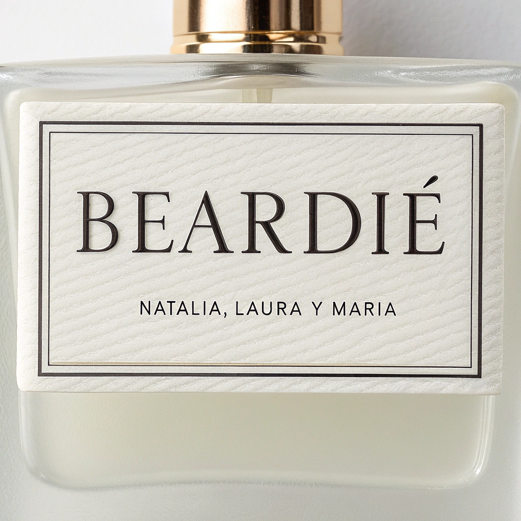 AI generated image by Red Panda AI: etiqueta de perfume de color blanco elegante con el nombre "beardie" con los nombres por debajo en pequeño "Natalia, Laura y María"