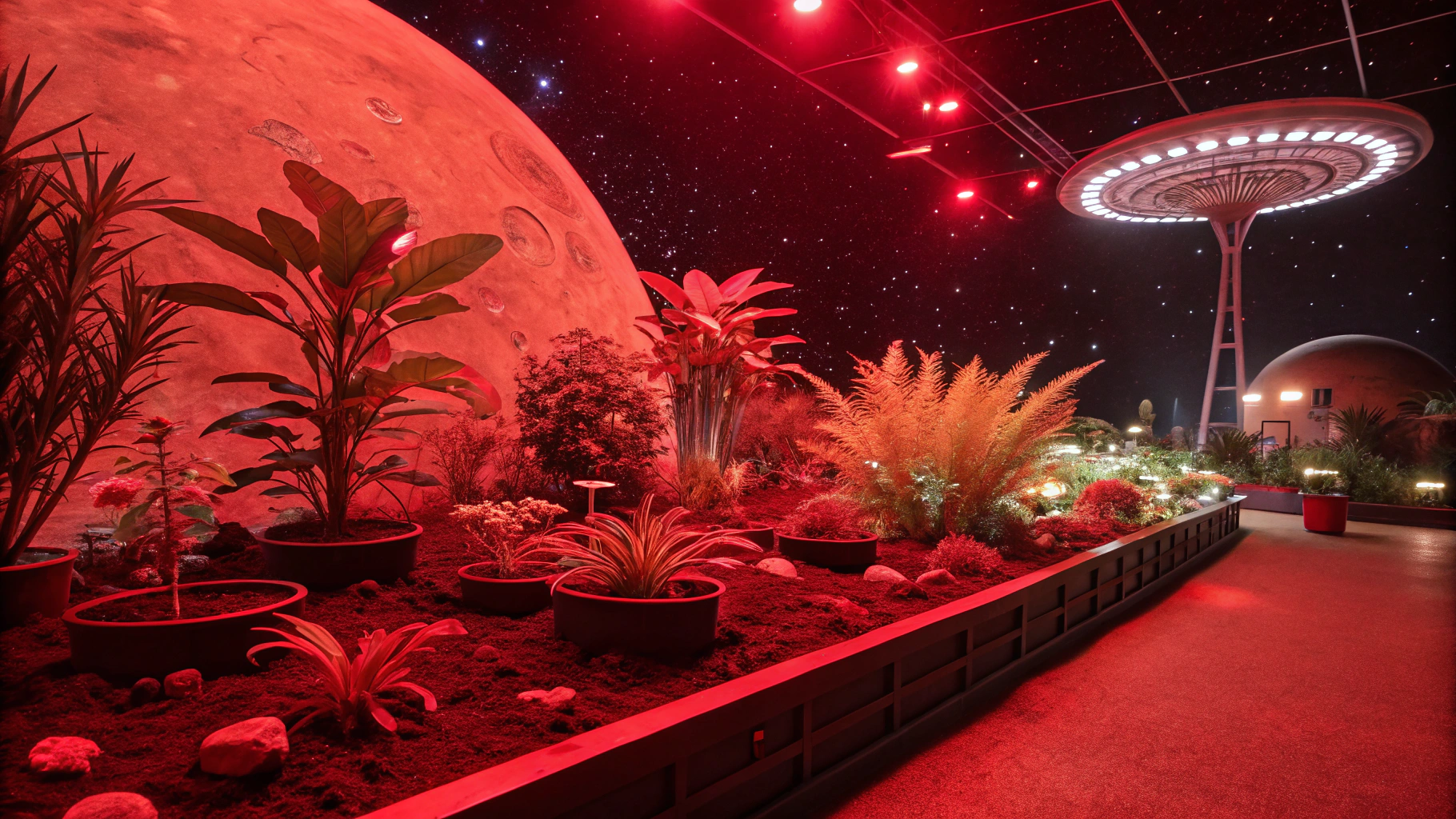 AI generated image by Red Panda AI: A red monochromatic scene unveils an alien planet brimming with vibrant, otherworldly flora, each plant showing luminous patterns and unique geometries. Among whimsical vegetation with non-binary symbols and rainbow accents, a sleek space station reflects red ambient light. Diverse bioluminescent aliens harvest exotic plants, trade, and observe celestial phenomena, creating a dynamic contrast with expansive negative space that evokes tranquility. In the lower right corner, a majestic three-horned alien creature with shimmering scales emerges, its glowing eyes and sinuous tail adding to this surreal, futuristic landscape.