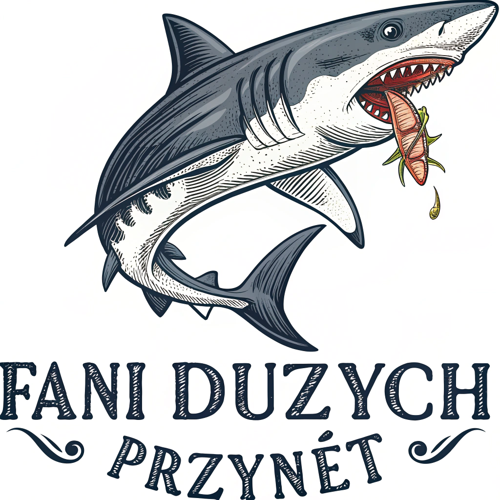 AI generated image by Red Panda AI: Logo a w nim szczupak z otwartą paszczą z przynęta w pysku oraz gotycki napis Fani Dużych Przynęt 