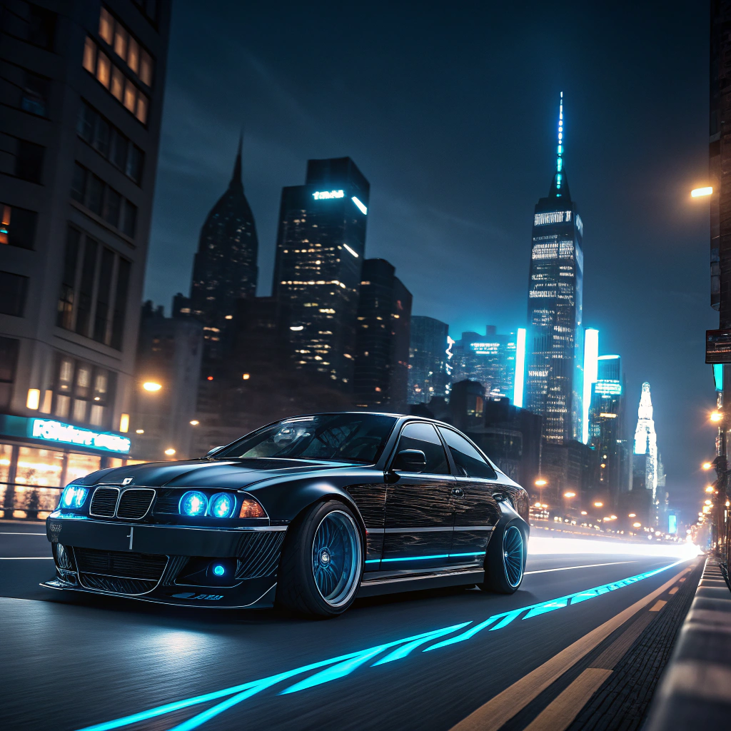 AI generated image by Red Panda AI: Bmw e46 black car in blue neon line to new york ciry 