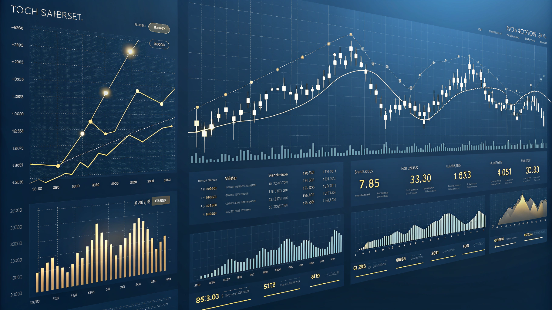 AI generated image by Red Panda AI: Sophisticated stock market chart visualization with multiple technical analysis patterns highlighted, ultra-detailed financial data display, dark blue background with glowing white and gold pattern formations, professional trading terminal aesthetic, showing multiple timeframes simultaneously, candlestick patterns with Fibonacci retracements and trend channels highlighted, elegant minimalist design, crisp lines, subtle grid, institutional-quality financial visualization, high contrast, selective focus on key pattern formations that glow subtly, 8k, hyper-realistic, perfect for financial newsletter header, ultra-wide format, Bloomberg Terminal inspired, Ray Dalio meets Edward Tufte data visualization
