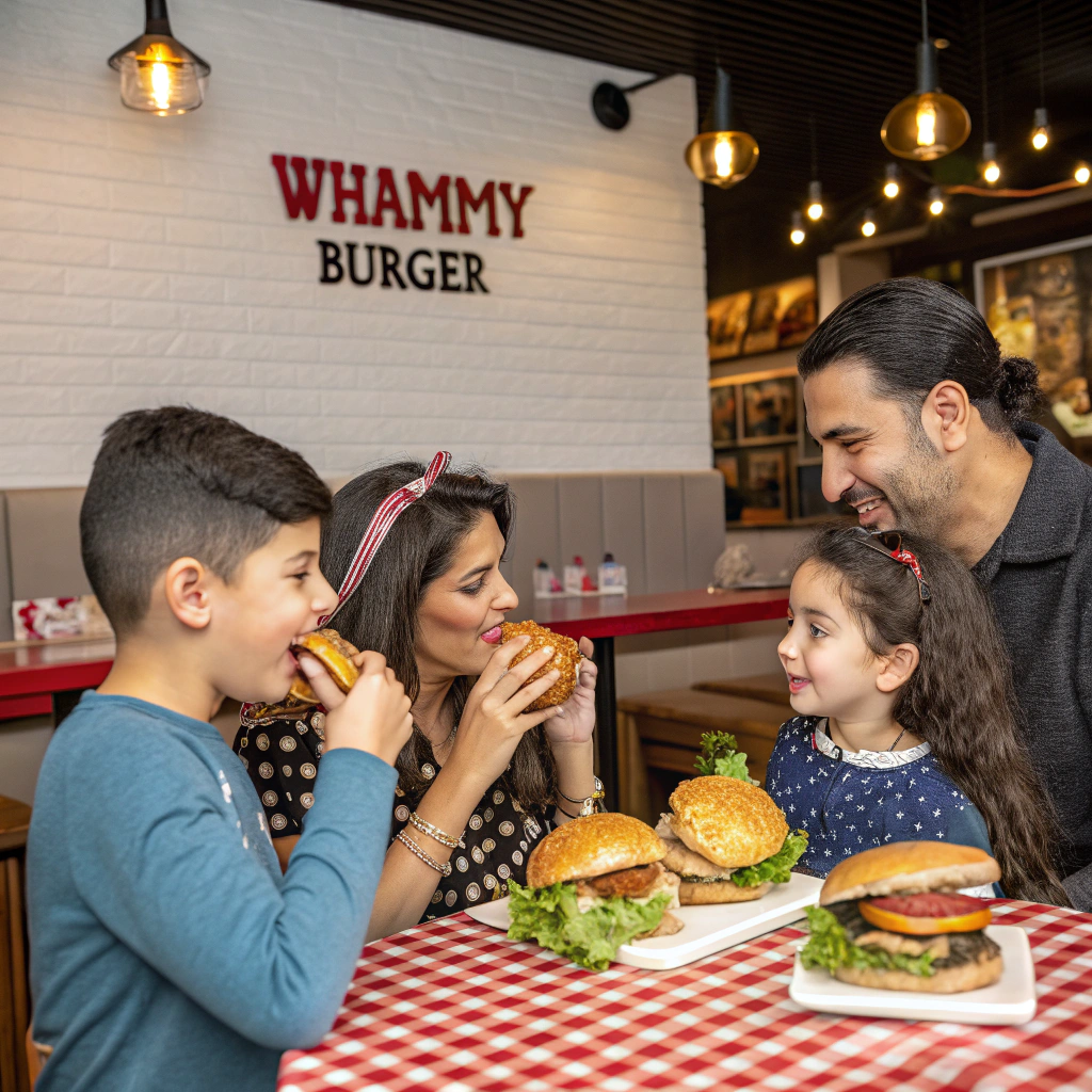 AI generated image by Red Panda AI: Image of a family eating hamburgers at a restaurant called "Whammy Burger". Photorealistic.
