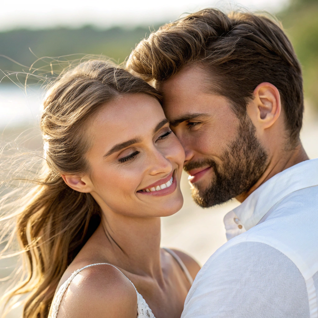 AI generated image by Red Panda AI: Create a hyper-realistic photograph of a loving couple. The woman is stunningly beautiful, with natural, flawless skin, soft makeup, and elegant flowing hair. She is smiling warmly, exuding a serene and joyful presence. The man has a strong, caring appearance, with a well-groomed beard, confident eyes, and short, stylishly cut hair. They are embracing each other in a natural and heartfelt moment. The background is softly blurred to focus on the couple, with warm, natural lighting that highlights their facial features and skin textures. Both are dressed in modern, casual clothing, appropriate for a romantic outdoor setting, such as a sunny park or a golden-hour beach scene. Every detail should emphasize authenticity, including natural skin tones, realistic body language, and genuine expressions, creating the impression of a high-quality professional photograph of two real people deeply connected in love."