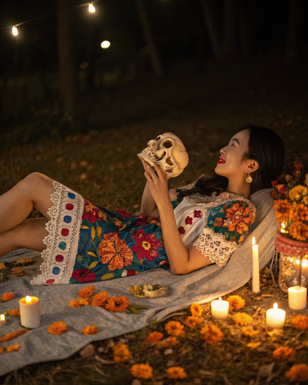 AI generated image by FLUX.1-schnell: Evening, Japanese brunette in a colorful embroidered dress with lace trim, reclining on a blanket covered in marigolds and candles, Sony Alpha A7R IV with 85mm f/1.4 lens, bare legs stretched out, toes adorned with delicate rings, inviting smile as she lifts a sugar skull, festive yet intimate ambiance.
