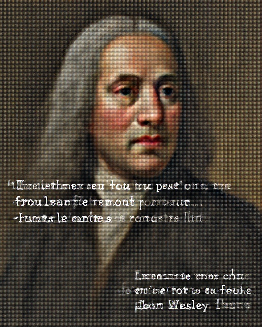 AI generated image by FLUX.1-pro: 18th century portrait painting of John Wesley with his quote written in French "Accomplis tout le bien que tu peux, par tous les moyens disponibles, dans toutes les situations possibles, en tout lieu, à tout moment, pour chaque personne que tu peux toucher, aussi longtemps que tu en es capable. - John Wesley"
