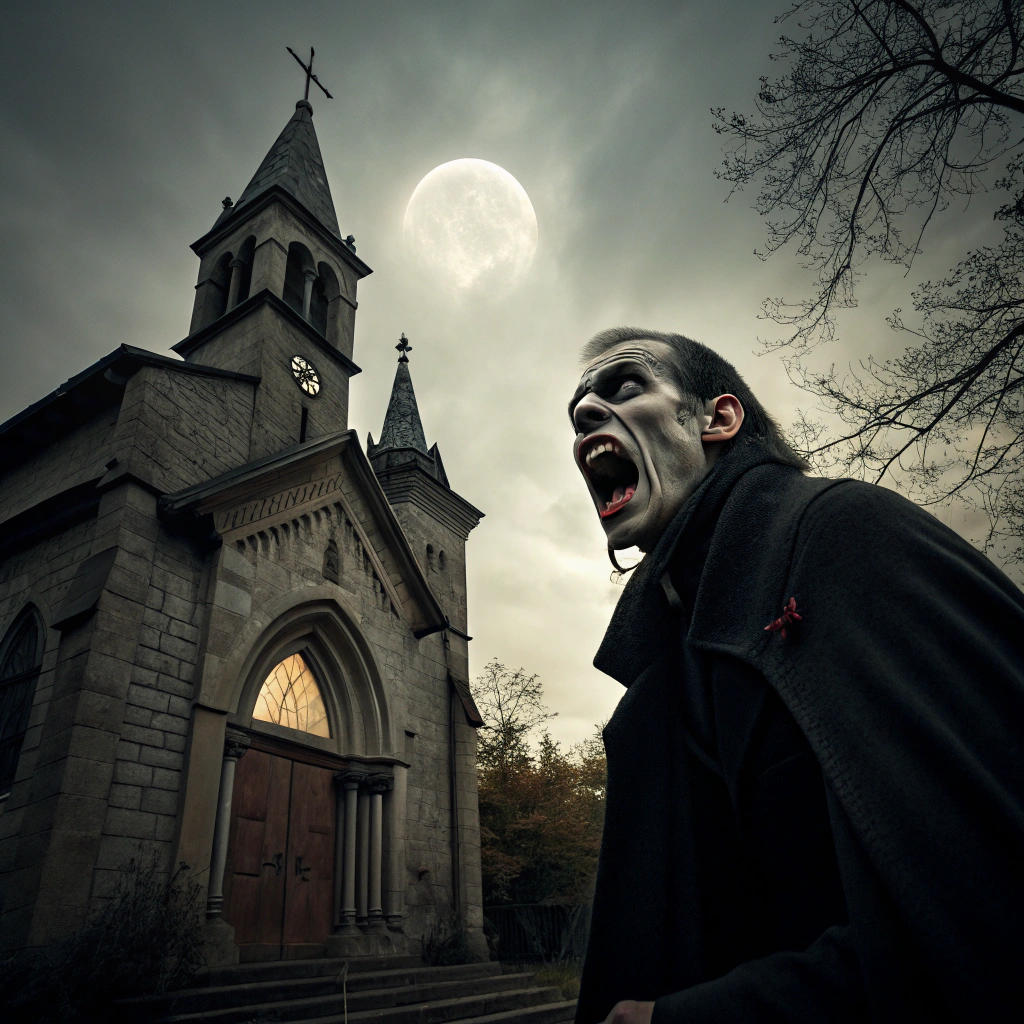 AI generated image by Red Panda AI: Créame una imagen con atmósfera de terror de un vampiro saliendo de una iglesia 