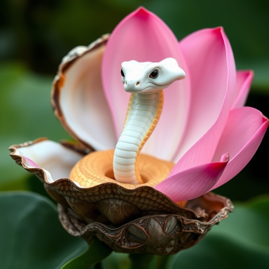AI generated image by FLUX.1-schnell: A white and gold friendly smiling cobra emerging from a pink lotus flower, inside an open oyster shell