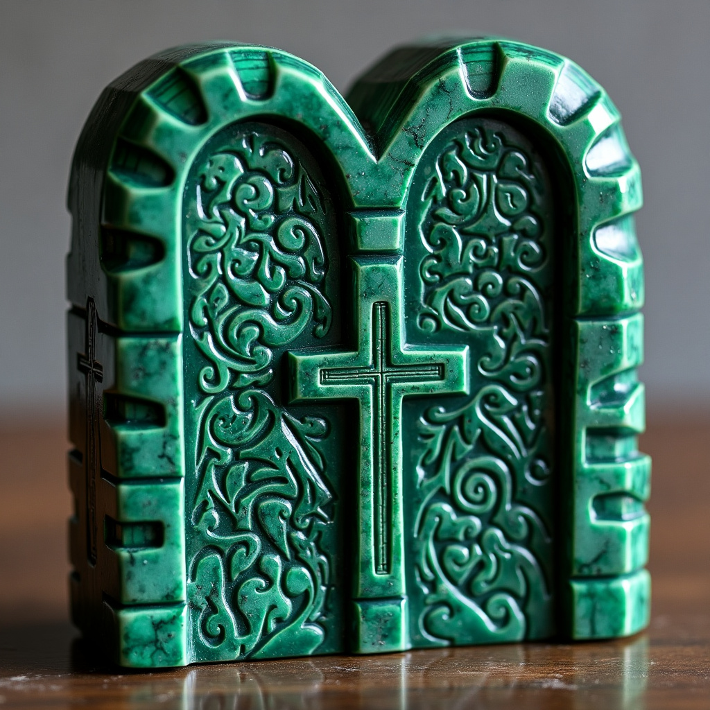 AI generated image by FLUX.1-pro: The logo for “Tony Kahn Productions” carved into malachite in the shape of the Ten Commandments