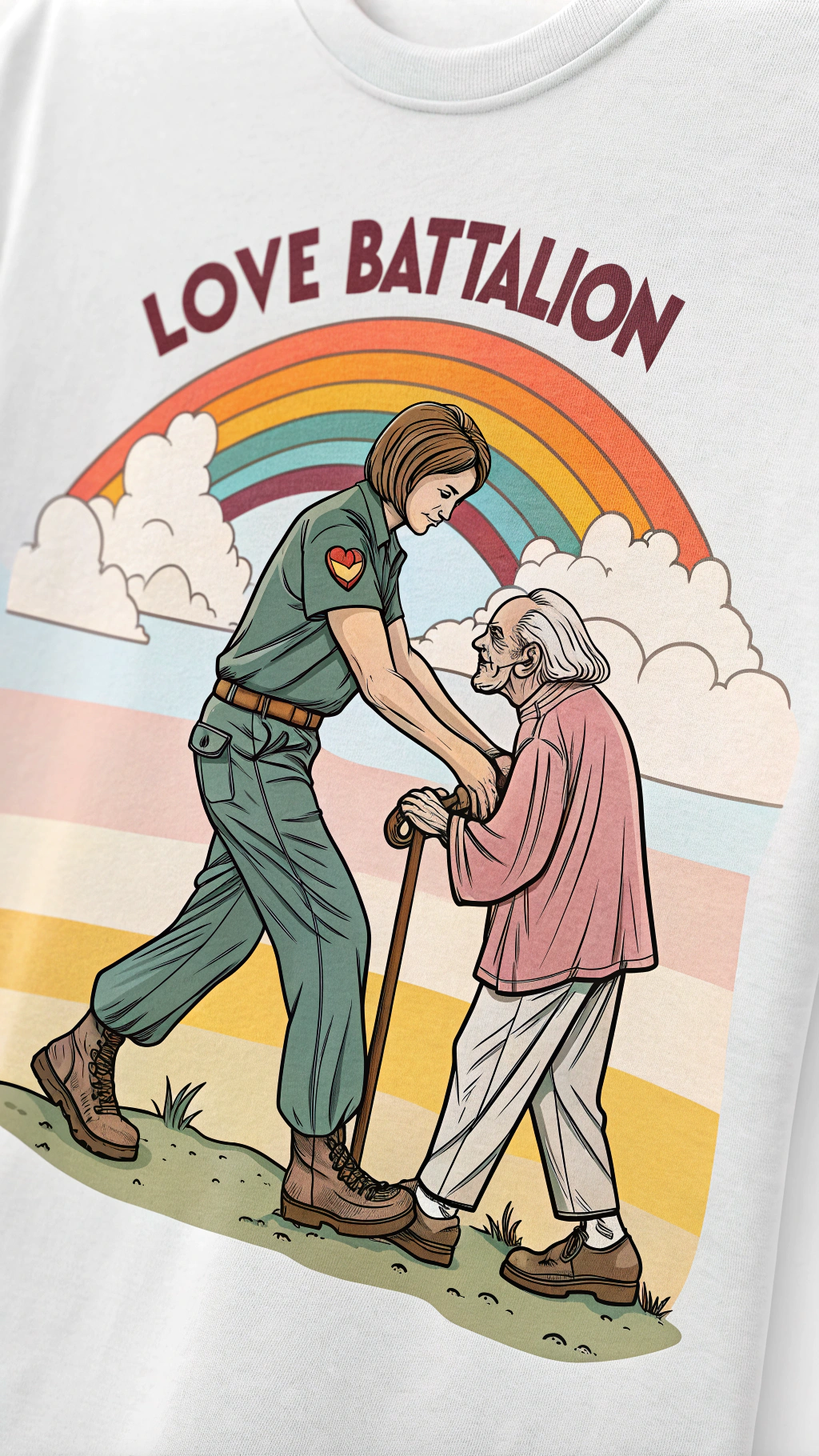 AI generated image by Red Panda AI: t shirt design in Y2K style featuring a a person helping a grandfather with the slogan "LOVE BATTALION
", conceptual art