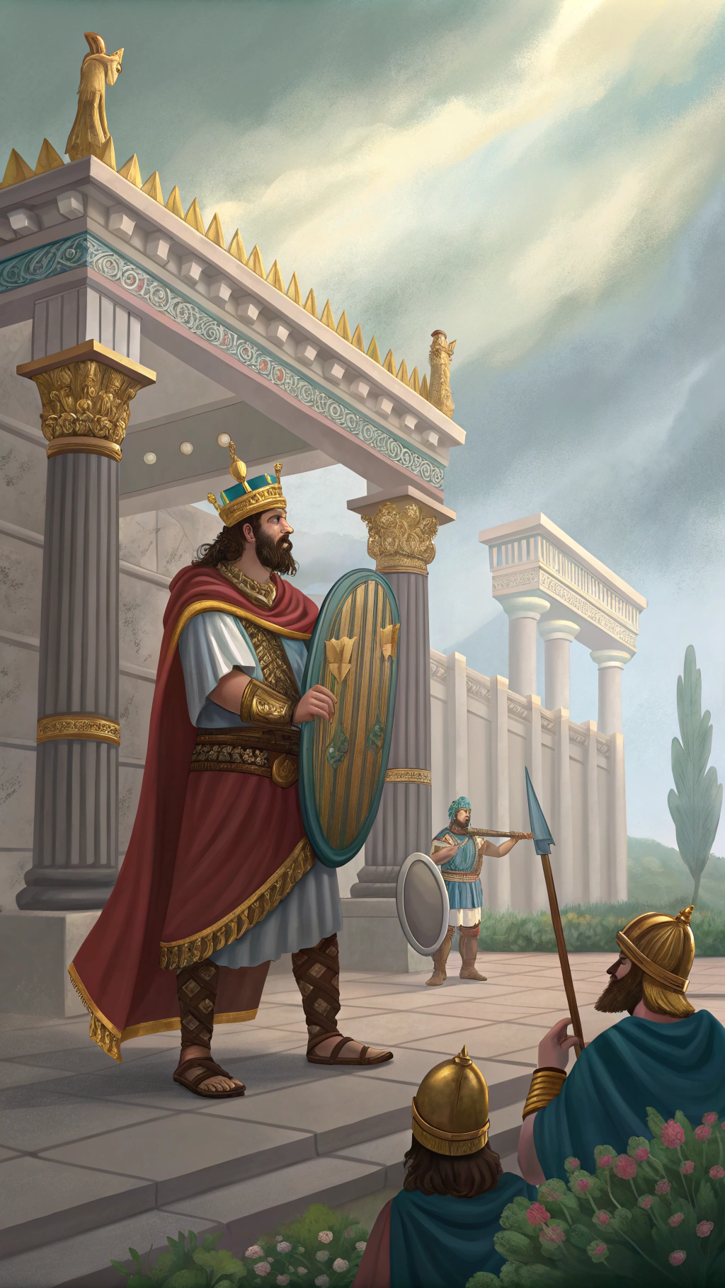 AI generated image by Red Panda AI: el rey David de la Biblia, en sus palacio, junto a sus guerreros. 