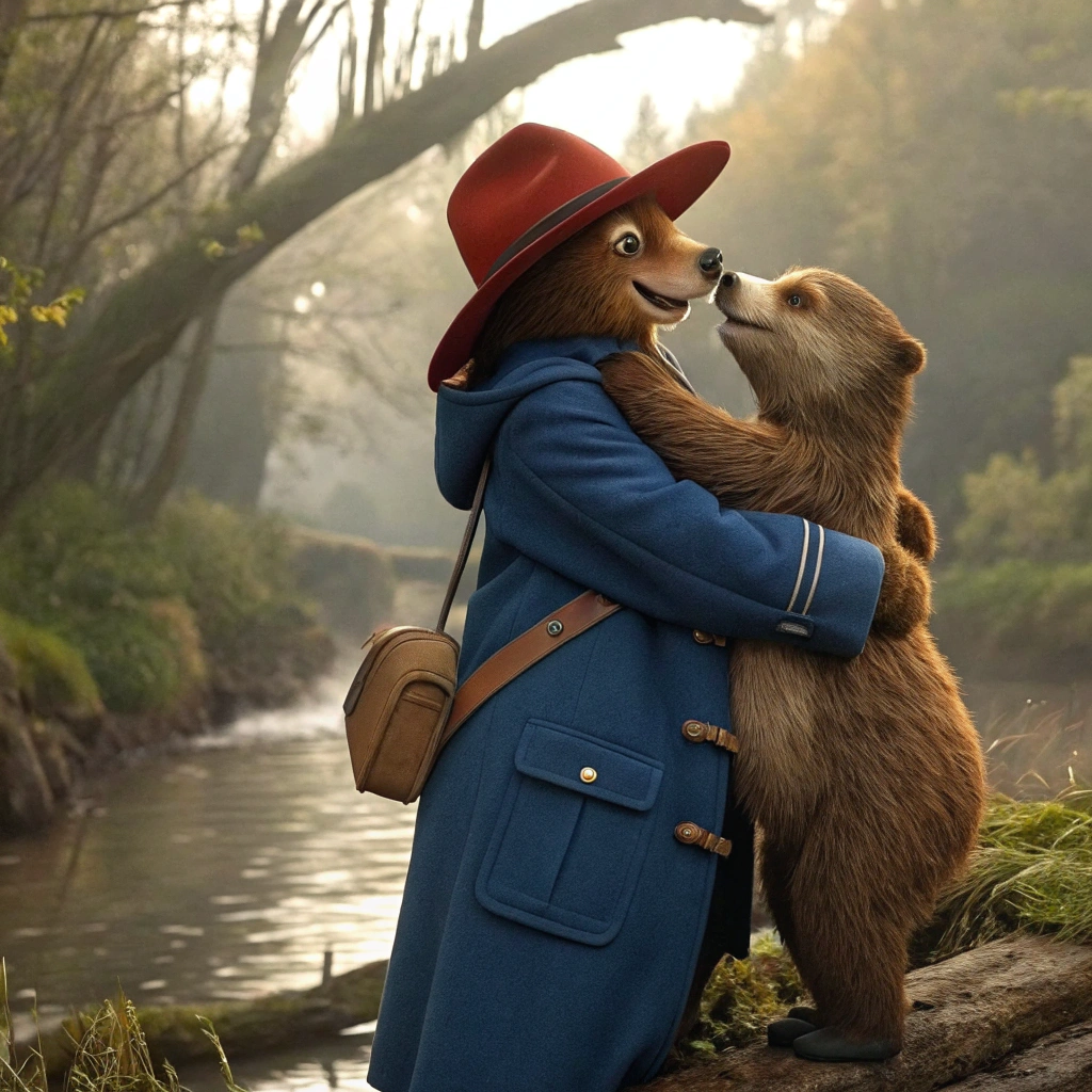 AI generated image by Red Panda AI: Paddington en train de faire un calin a une loutre