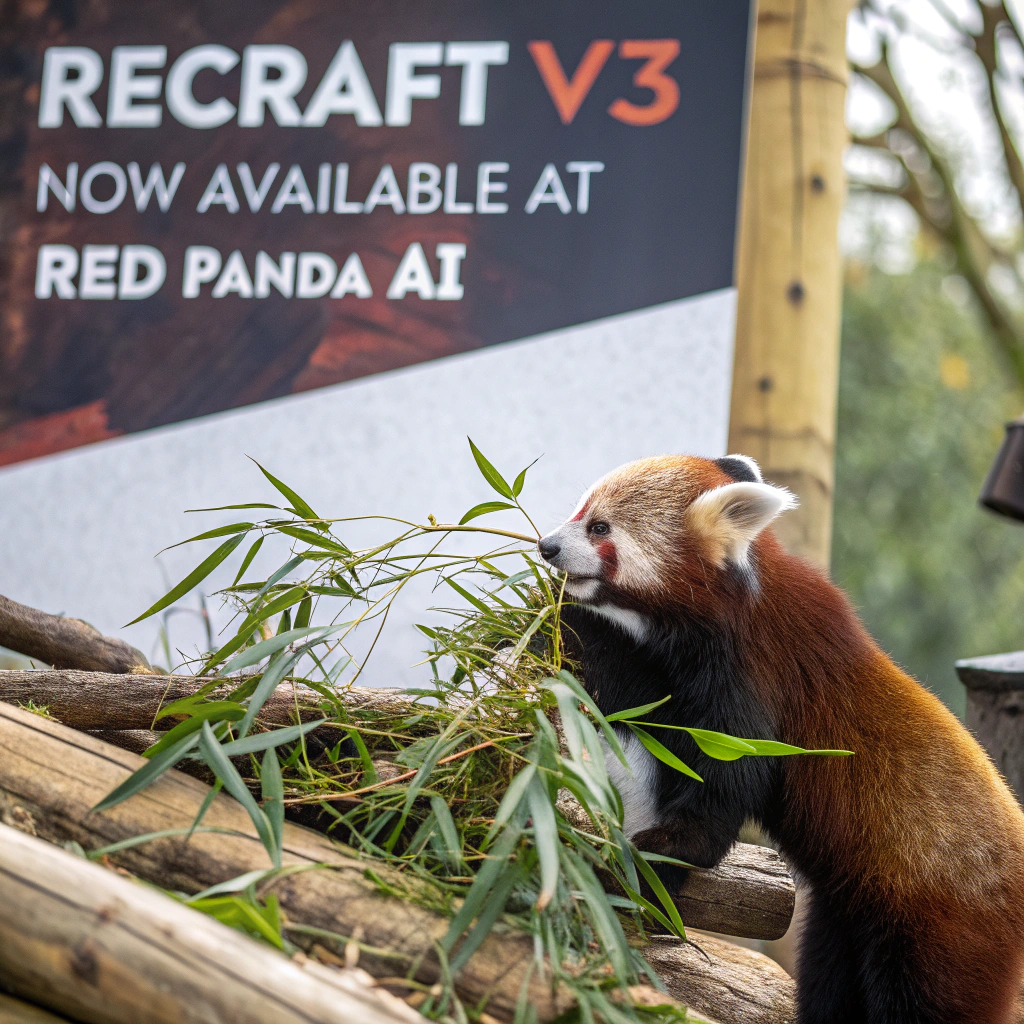 AI generated image by Red Panda AI: a red panda eating a bamboo in front of a poster that says "recraft V3 now available at red panda ai