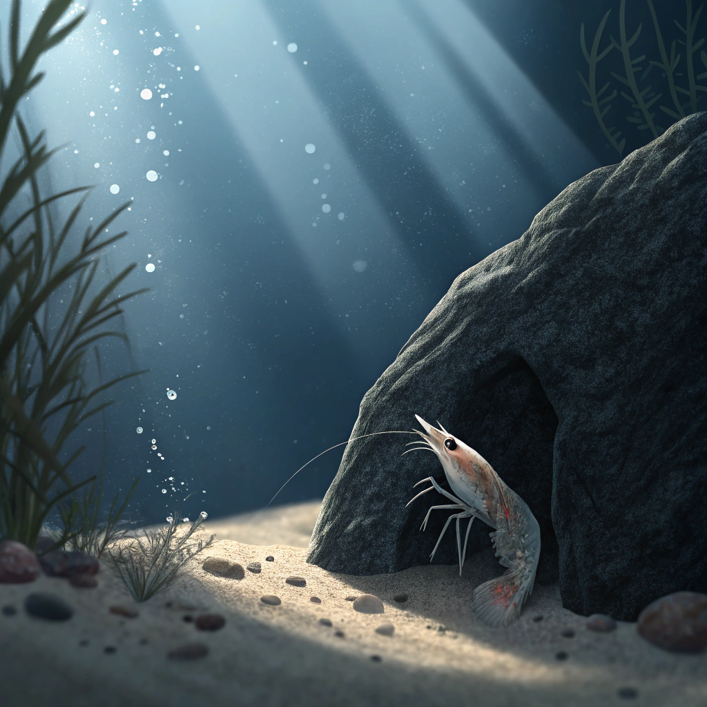 AI generated image by FLUX.1-schnell: generate a picture of a shrimp at the bottom of the sea hiding behind a rock.