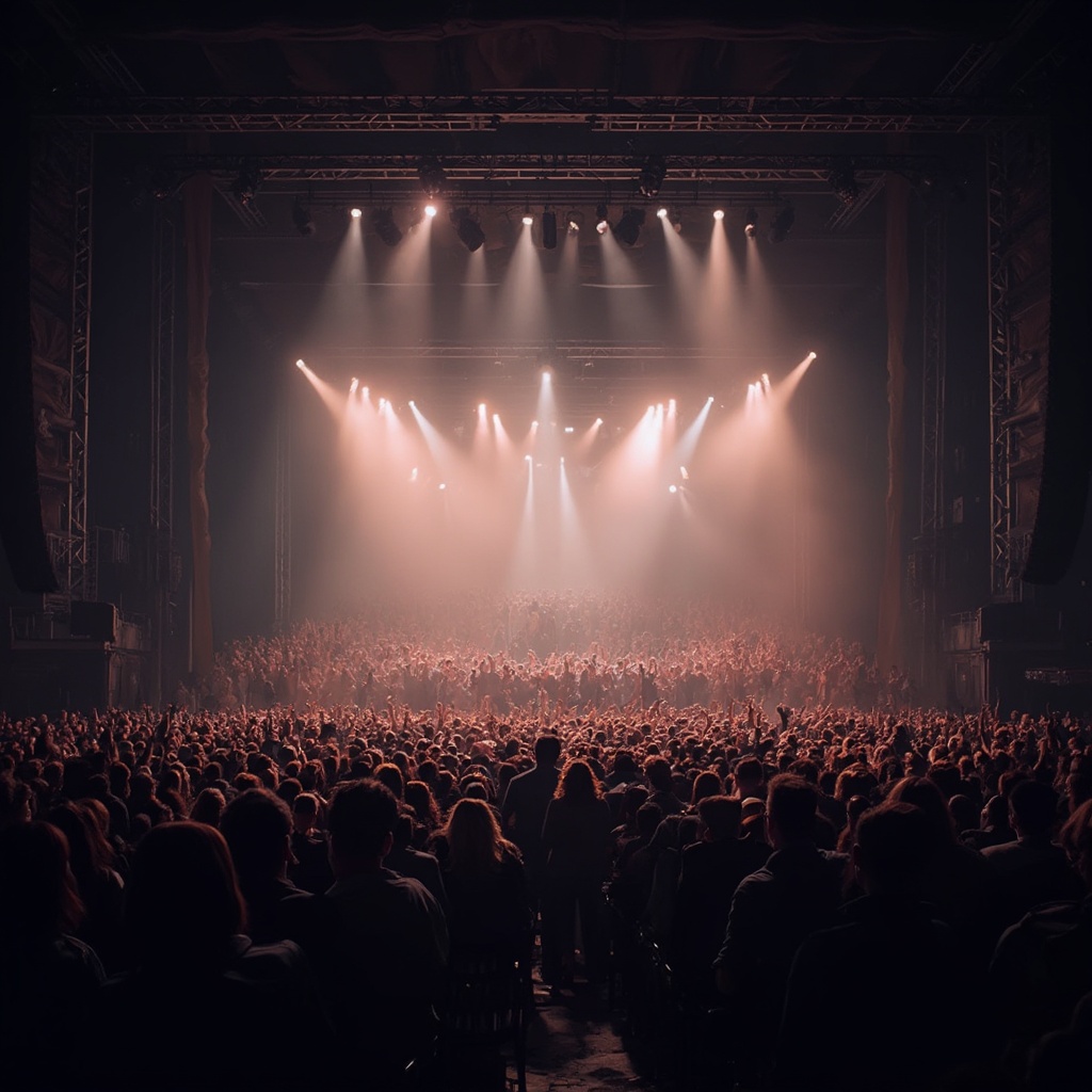 AI generated image by FLUX-Realism-Lora: "I need an image of a stage with a huge crowd of people, with the perspective being first-person from the stage, that is, with the audience seen from the front."