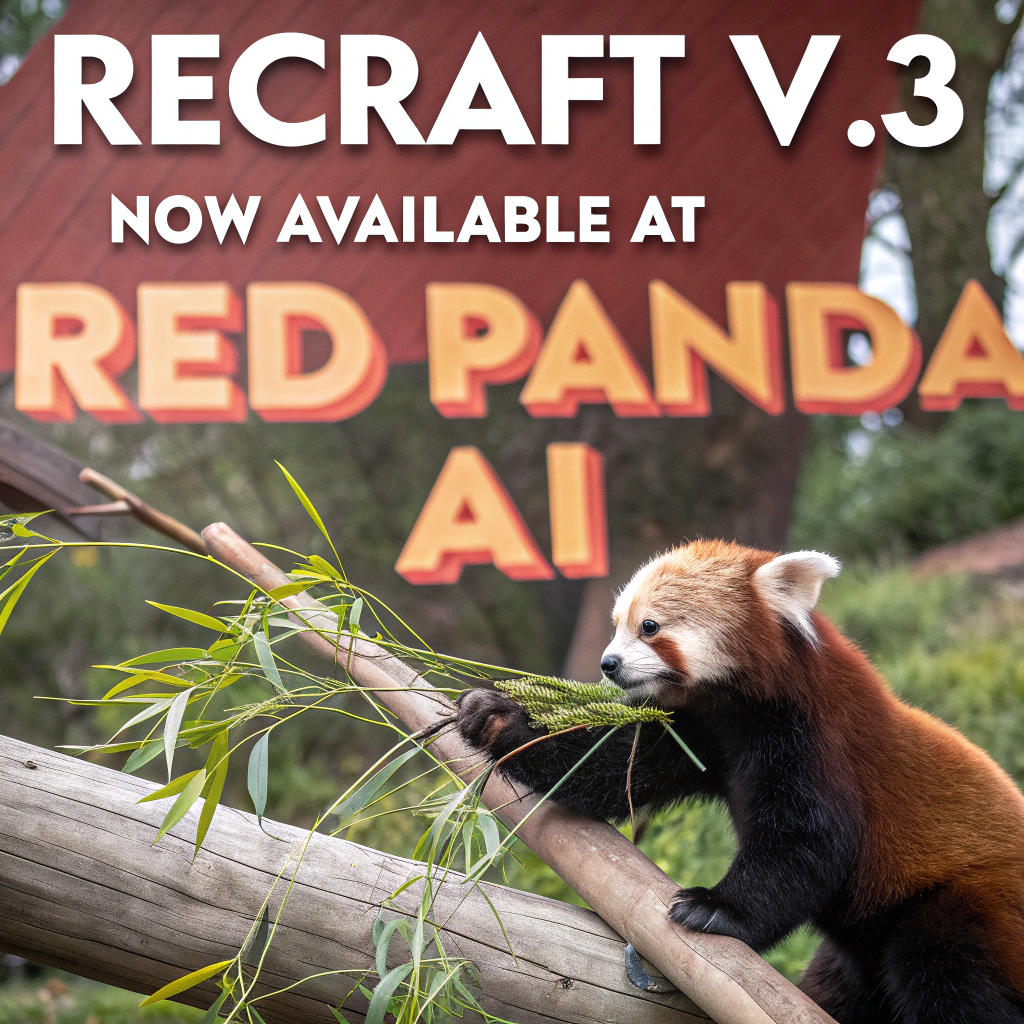 AI generated image by Red Panda AI: a red panda eating a bamboo in front of a poster that says "recraft V3 now available at red panda ai