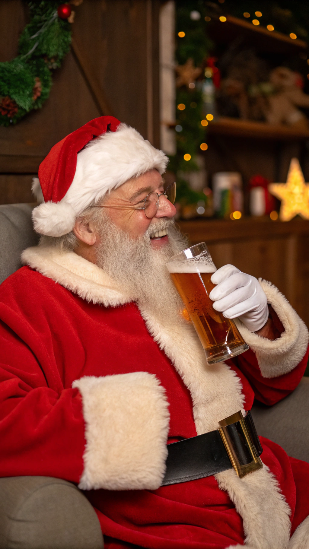 AI generated image by Red Panda AI: fotografia hiper reslista de santa clos sonriendo y bebiendo cerveza