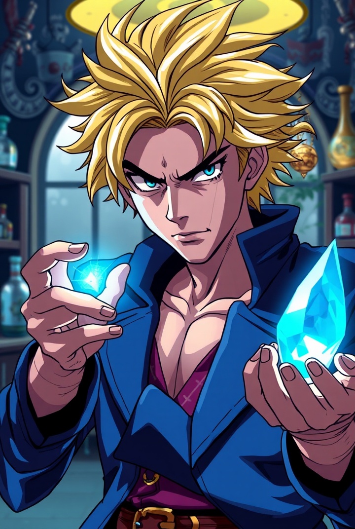 AI generated image by FLUX.1-schnell: A dramatic image in Jojo Bizarre Adventure anime style. Image of a young-adult arch wizard. Jojo pose. Messy blond hair. Blue flamboyant outfit. He is holding a glowing blue crystal. Nervous expression. Magic laboratory in the background. Bold lines, stark colored contrasts. Dramatic angle. Make the image even more in Jojo style.