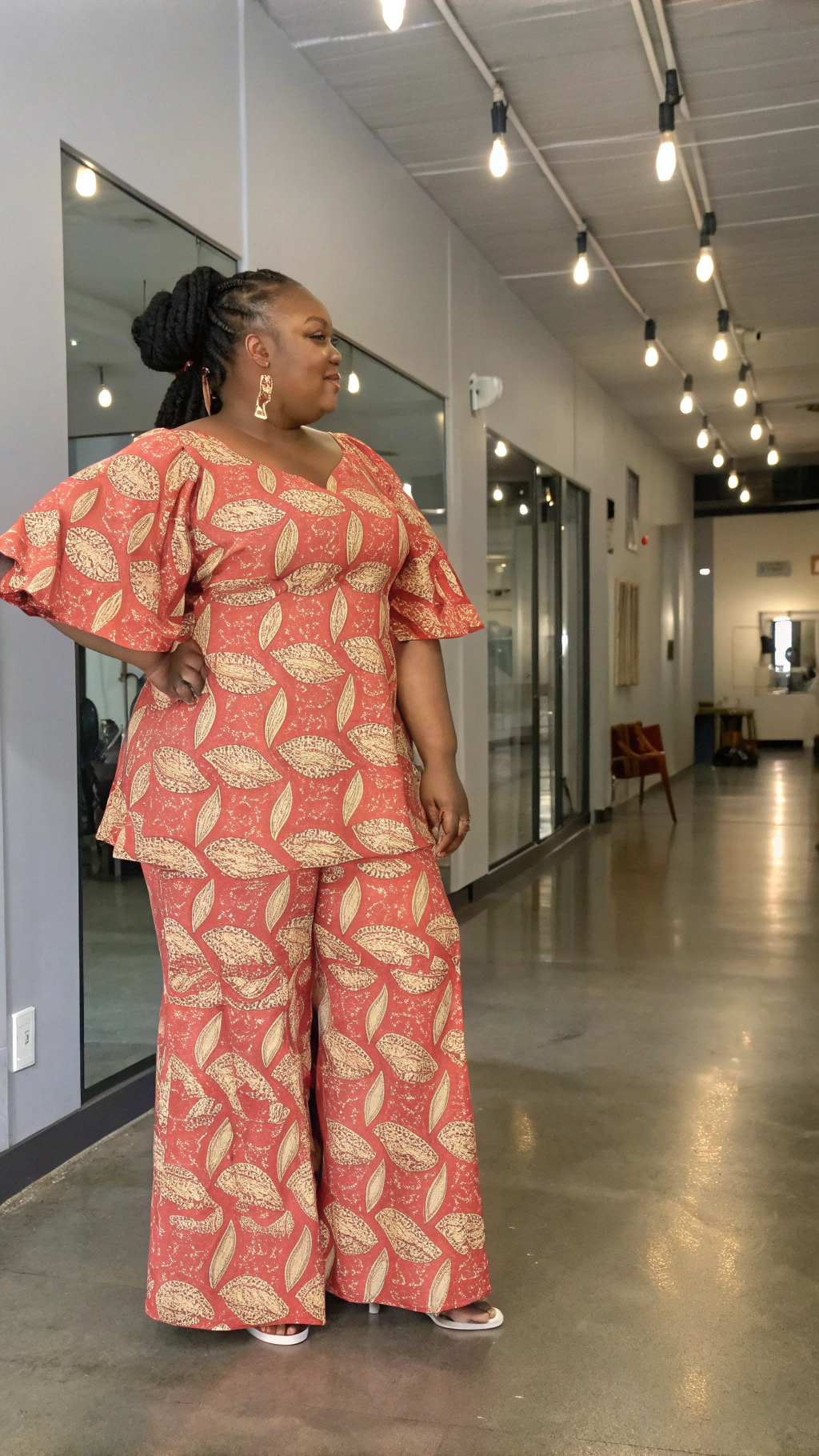 AI generated image by Red Panda AI: Square Neckline with Bishop Sleeves: "Ankara Tunic Dress with Pants: Design an image of a chubby, curvy African woman wearing a modest Ankara tunic dress paired with matching wide-leg pants. The tunic falls just below the knees, features a square neckline, and has bishop sleeves that gather at the wrists. The Ankara fabric is patterned with coral and cream motifs with hints of gold shimmer. Her hair is styled in a side braid that drapes over her shoulder with curled tips. The background is a modern showroom with floor-to-ceiling mirrors, sleek pendant lights, and a polished concrete floor."