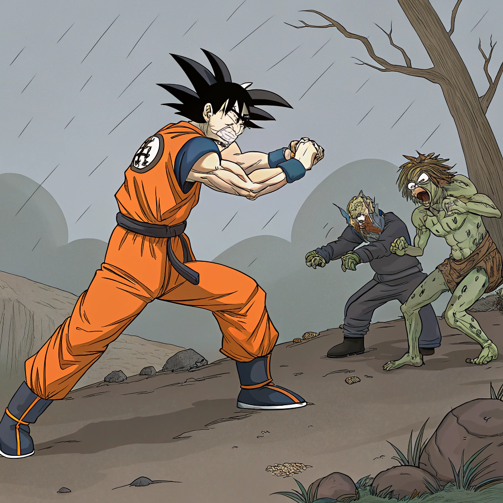 AI generated image by Red Panda AI: Goku peleando con zombies hambrientos 