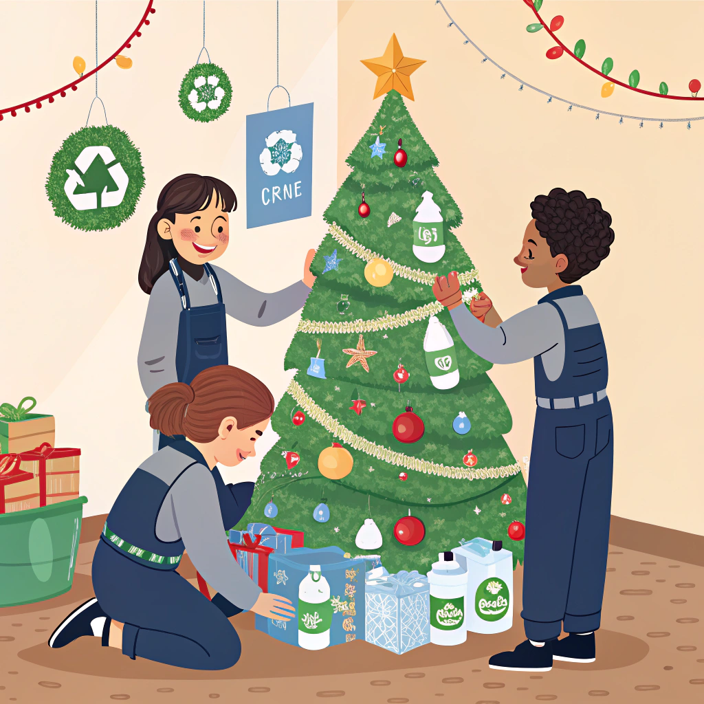 AI generated image by Red Panda AI: "A Christmas-themed image featuring a tree made from recycled materials, such as plastic bottles and other recyclable items. The tree should be decorated with eco-friendly ornaments, conveying a message of sustainability. In the scene, recyclers are dressed in gray and navy blue uniforms, working together. Alongside them, there are smiling children who are either helping or admiring the tree, all sharing the Christmas spirit and the message of caring for the environment. The atmosphere should be festive while also emphasizing the importance of recycling and protecting the planet."