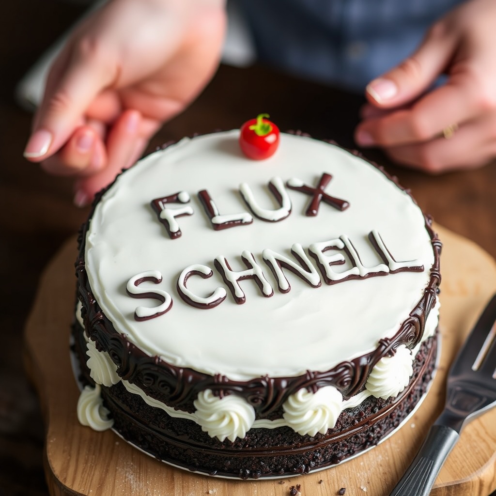 AI generated image by FLUX.1-schnell: black forest gateau cake spelling out the words "FLUX SCHNELL", tasty, food photography, dynamic shot