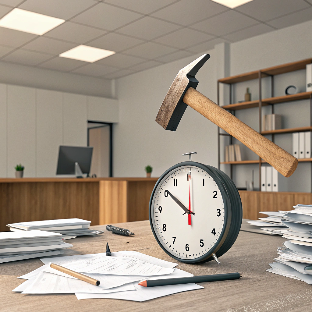AI generated image by Red Panda AI: Reloj, en oficina, que este apunto de ser destruido por un mazo