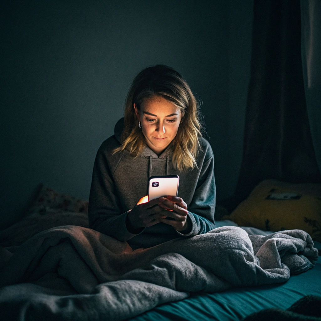 AI generated image by Red Panda AI: Mujer agarrando su Teléfono reproduciendo un video en su cuarto oscuro