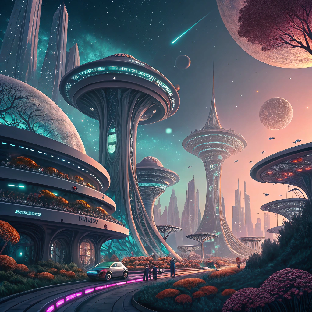 AI generated image by FLUX.1-schnell: An expansive alien city on a distant planet, with towering crystalline skyscrapers emitting a soft, bioluminescent glow. The structures appear organic, with flowing, curved shapes and intricate designs resembling coral or fungi, stretching high into a sky filled with nearby planets and asteroid rings. Hovering vehicles drift smoothly between buildings connected by floating walkways, while strange, colorful plants and neon lights illuminate pathways below. The city pulses with an ethereal energy, casting vibrant hues across an otherworldly landscape, as alien inhabitants with unique features and varied skin tones walk through bustling marketplaces.






