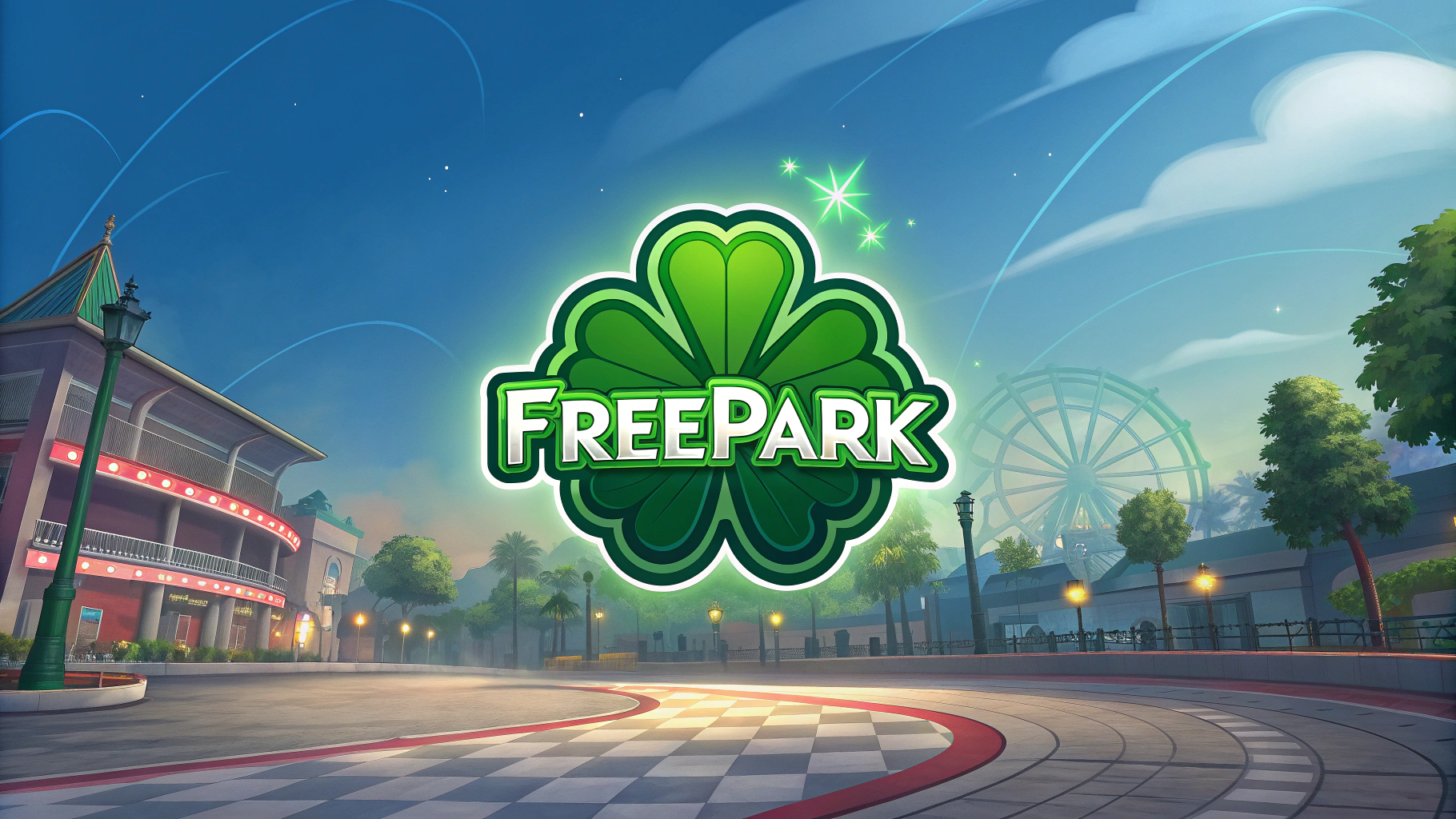 AI generated image by Red Panda AI: faire un fond d'écran pour un site de jeu avec au milieu un logo d'un trèfle à 4 feuilles avec marqué dedans " FreePark "