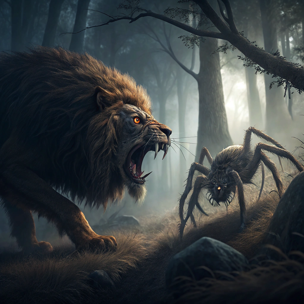 AI generated image by Red Panda AI: A dramatic scene in a dark, misty forest where a massive, muscular lion with a fierce expression stands face-to-face with a giant, strong spider covered in thick, bristly hair. The lion’s mane flows wildly, teeth bared in a snarl, with intense, piercing eyes locked on the spider. The spider, equally imposing, has large, powerful legs and a menacing stance, its eyes glinting in the low light. The forest around them is shadowy and filled with mist, creating a tense and foreboding atmosphere as the two powerful creatures prepare to clash. The style is hyper-realistic and intense, capturing every detail of their fur, hair, and fierce expressions