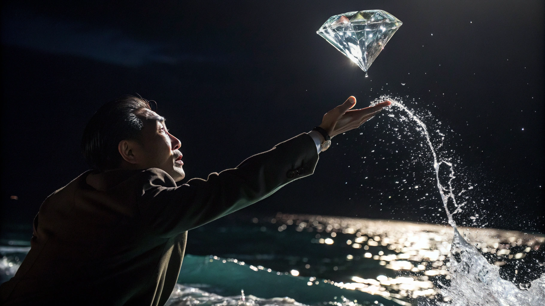 AI generated image by Red Panda AI: 依照以下文字生成日式漫畫圖

Close-up of a man's hand throwing a large, sparkling diamond into the sea, glittering mid-air under dim light, with water splash, sense of waste and extravagance, dark cinematic background