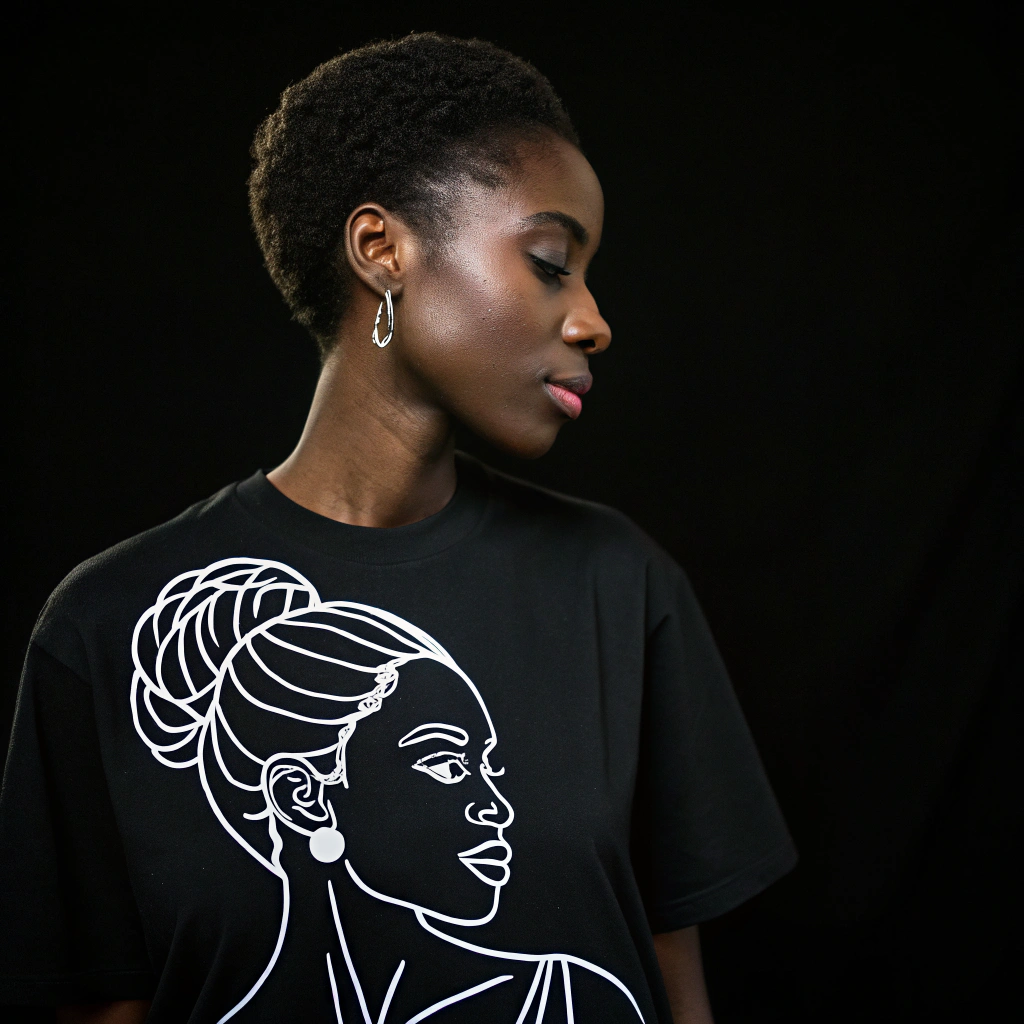 AI generated image by FLUX.1-schnell: Simple white line drawing of a black woman, black background, simple white lines, vector art style, minimalistic design, simple details, minimal detail, minimal design, minimalism, simple shapes, simple white line work, simple white lines, simple minimalist white lines, vector graphic design, vector graphics