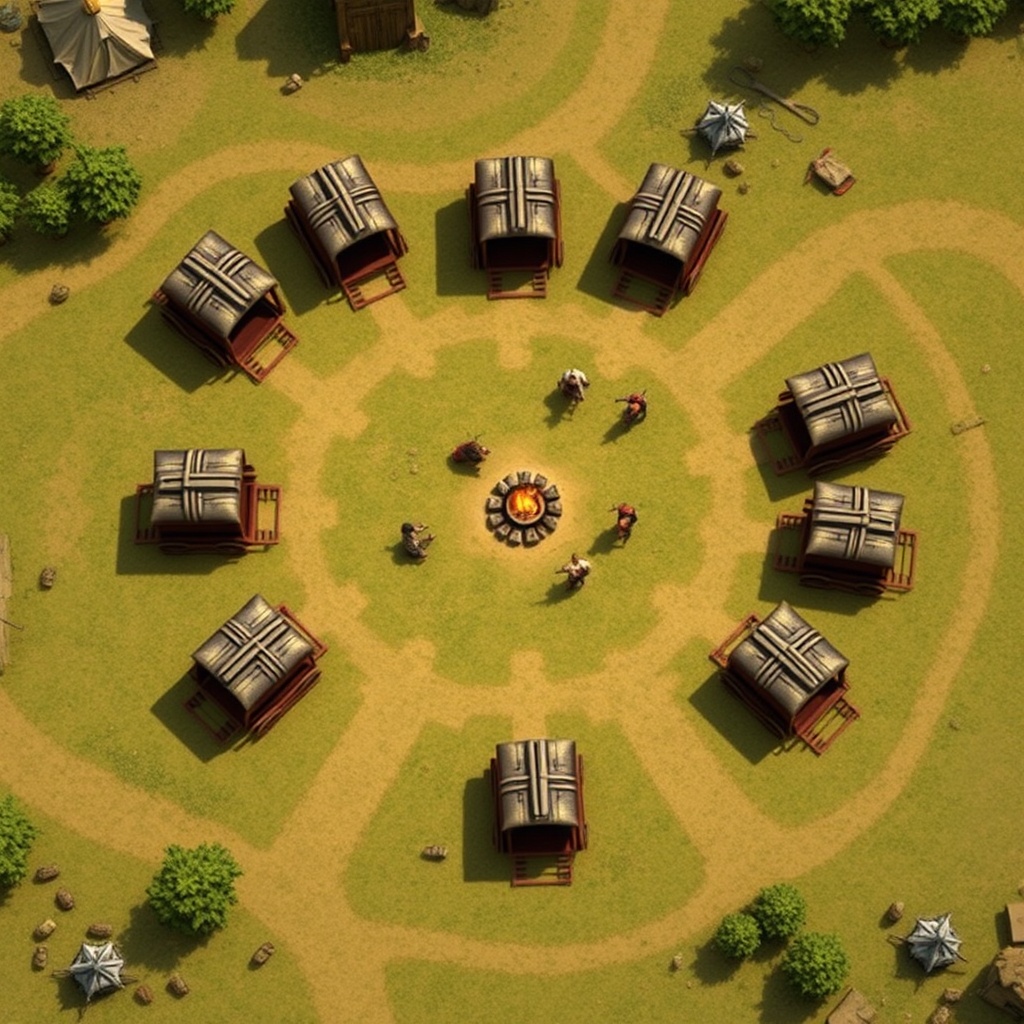 AI generated image by FLUX.1-schnell: Vibrant TTRPG BATTLEMAP that contains a circle of 9 wagons and makeshift horse pen. There is  a central cooking fire and a number of tents. In the style of WOTC
