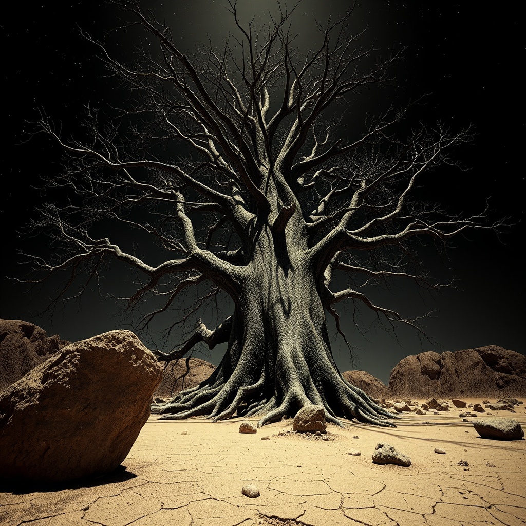 AI generated image by FLUX.1-schnell: Cinematic, hyper-realistic historical documentary photograph, masterfully composed with a dramatic, wide-angle low angle perspective. Enormous, towering ancient ceiba tree seemingly reaching up to the heavens, its gnarled, twisted branches silhouetted against a pitch black, starry night sky. The scene is set in a desolate, arid prehistoric desert landscape, devoid of any vegetation - only endless miles of barren, cracked earth, jagged boulders, and weathered stones. A timeless, ethereal atmosphere permeates the frame, evoking a sense of wonder and primordial mystery. Exceptional attention to detail, with expertly rendered chiaroscuro lighting and high dynamic range capturing the interplay of deep shadows and glowing highlights. Authentic aged, high contrast black and white film aesthetic, with subtle film grain and sepia tones that enhance the antique, documentary-style documentation of this primal, almost otherworldly environment. Cinematic composition, dramatic low angle perspective, masterful lighting and contrast, authentic vintage photographic style, hyper-realistic rendering, award-winning photographic quality
