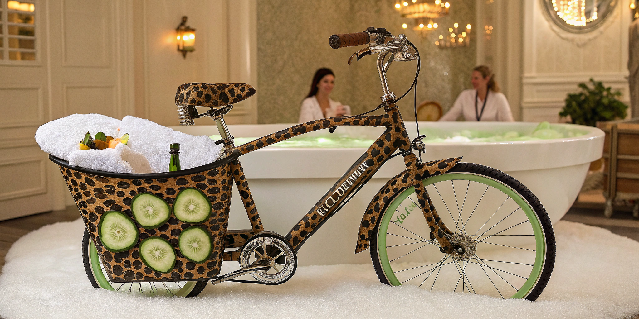 AI generated image by Red Panda AI: Create a whimsical and highly realistic image of a luxury e-bike with a custom leopard-print design in a spa setting. The e-bike should be placed in a bathtub, with a light foam bath surrounding it. Include humorous details such as cucumber slices on the bike’s ‘eyes’ (handlebars or lights) and a towel draped over the frame. Surrounding the e-bike, spa staff or human-like figures should be shown gently massaging or pampering the bike, creating a playful yet luxurious atmosphere. The background should resemble an upscale spa with calming, warm lighting and elegant decor.”