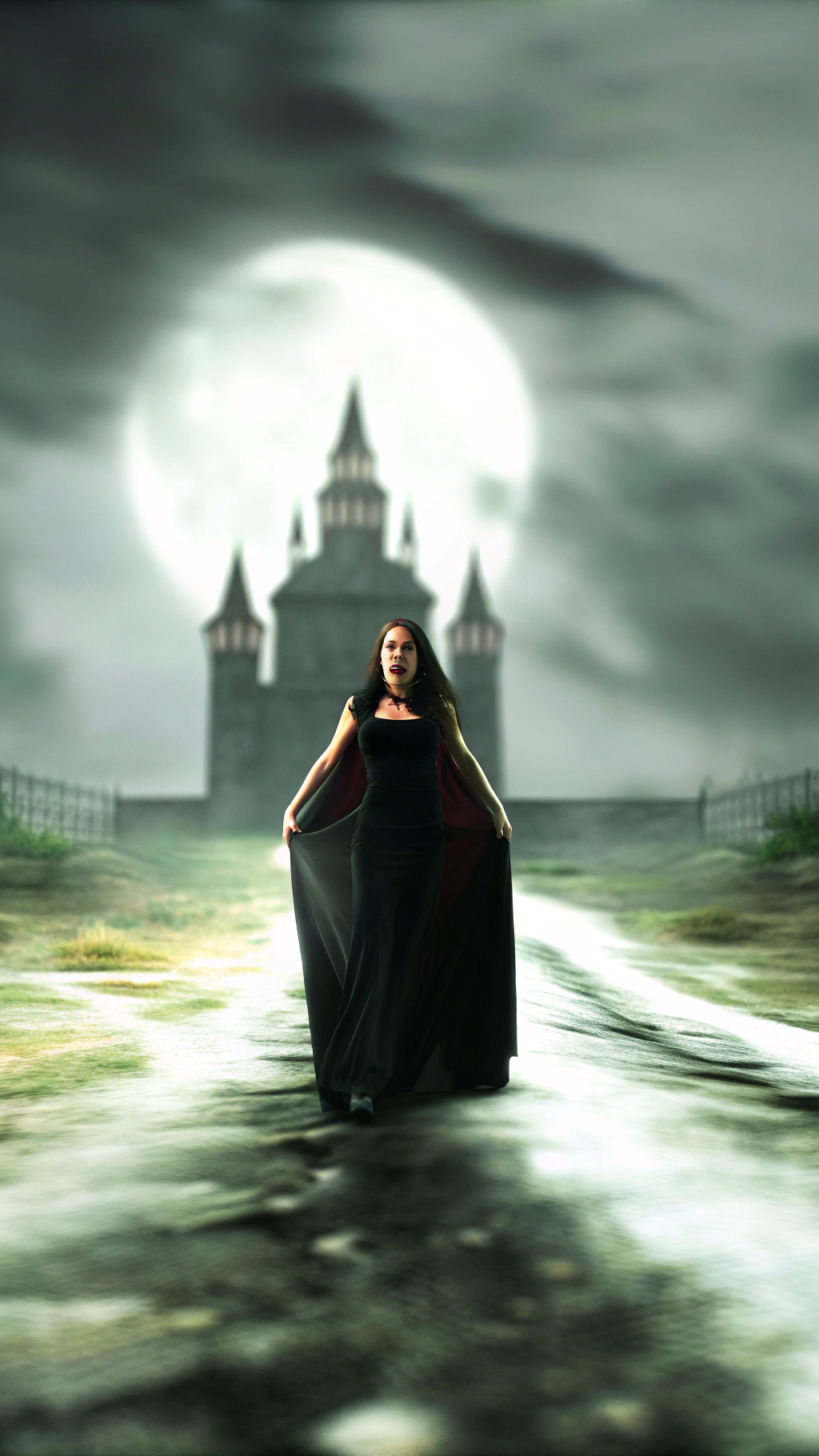 AI generated image by Red Panda AI: Beautiful vampire wearing a long black flowing gown.. Castle.. full moon... Creepy atmospheric nightmarish scenario 