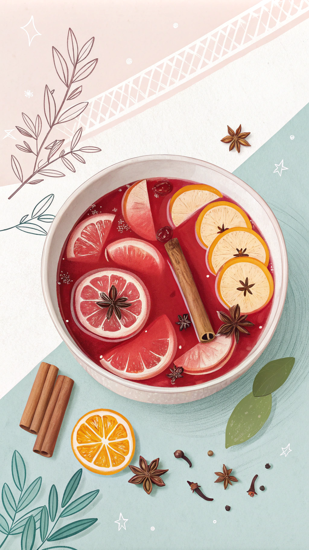 AI generated image by Red Panda AI: Create an illustration of a vibrant, traditional fruit punch in a modern recipe book style. Show a round bowl filled with a rich red liquid, containing floating slices of fruits like guava, apple, orange, and sugar cane sticks. Include small spices like cinnamon sticks and star anise for detail. Use a clean, minimalistic aesthetic with bold, flat colors and subtle textures. The background should feature a soft pastel gradient, and the layout should be ready for a recipe spread, with space for text on one side. Keep the overall composition simple and elegant, emphasizing the warmth and festive feel of the drink.