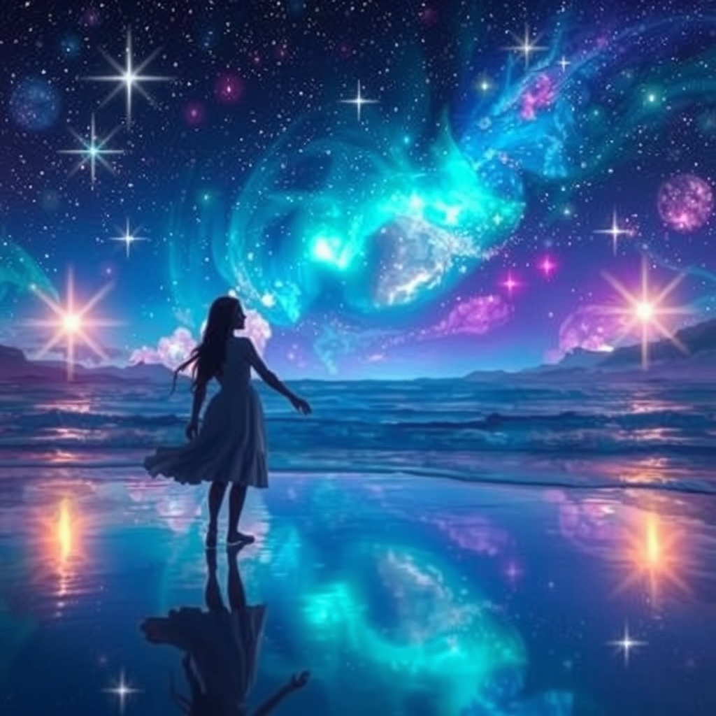 AI generated image by FLUX.1-schnell: colorful beautiful Night with bright stars, two lovers hand in hand on the beach, Digital surrealism dreamscape, happy memories,  reflections in sea
