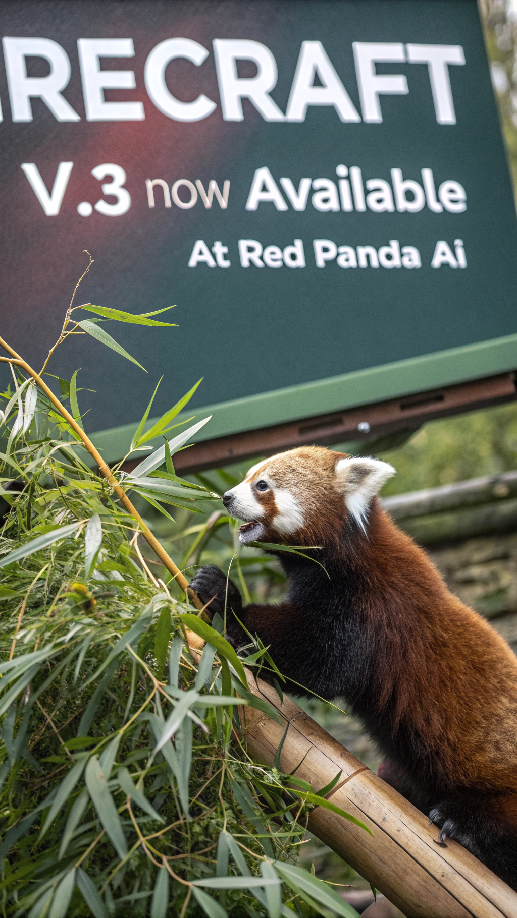 AI generated image by Red Panda AI: a red panda eating a bamboo in front of a poster that says "recraft V3 now available at red panda ai