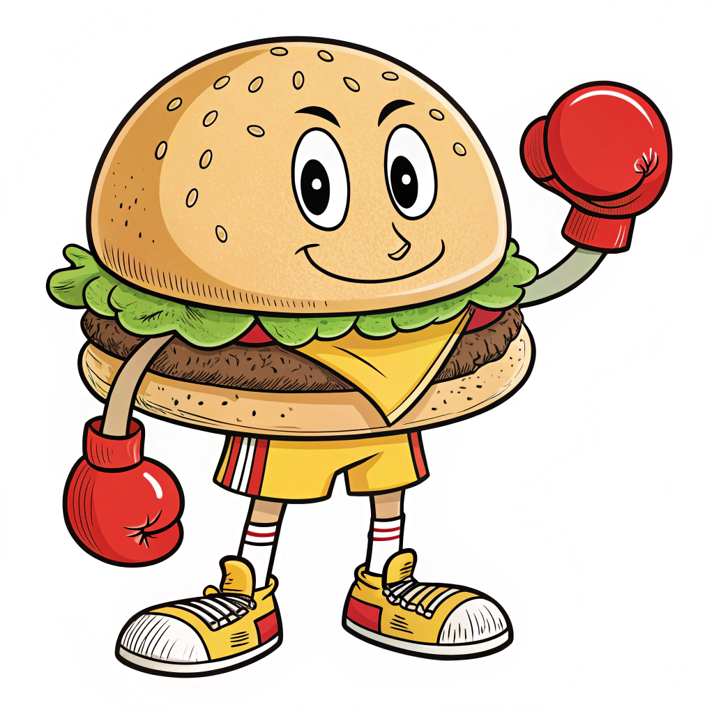 AI generated image by Red Panda AI: A cheerful cartoon hamburger, looking straight at the viewer, mascot character with a round bun head, simple black dot eyes, and a small curved smile. The character has a realistic hamburger body with lettuce and other toppings visible between the buns. Wearing bright red boxing gloves on both hands and yellow shorts or trunks. The style is retro 1980s-90s, mascot art, with bold colors and simple geometric shapes. Clean, family-friendly design with a playful fighting game aesthetic. As logo on plain white background.
