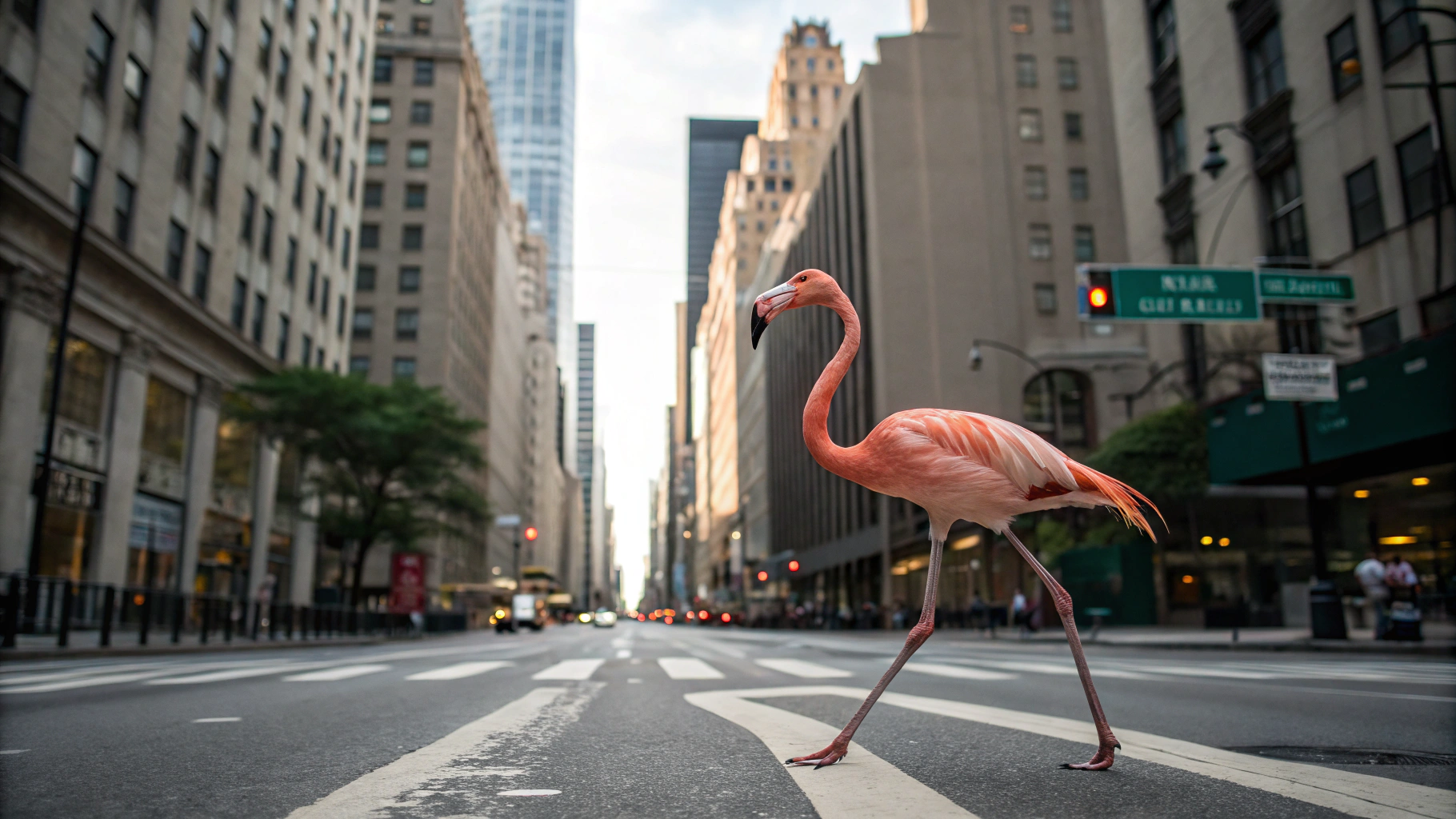 AI generated image by Red Panda AI: Flamingo walking down street in new york. shot on sony a7