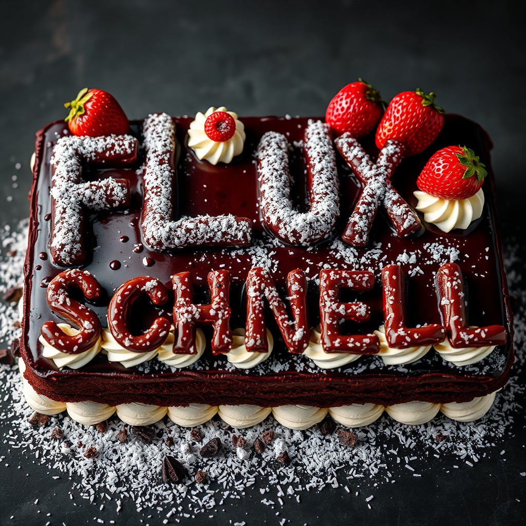 AI generated image by FLUX.1-schnell: black forest gateau cake spelling out the words "FLUX SCHNELL", tasty, food photography, dynamic shot