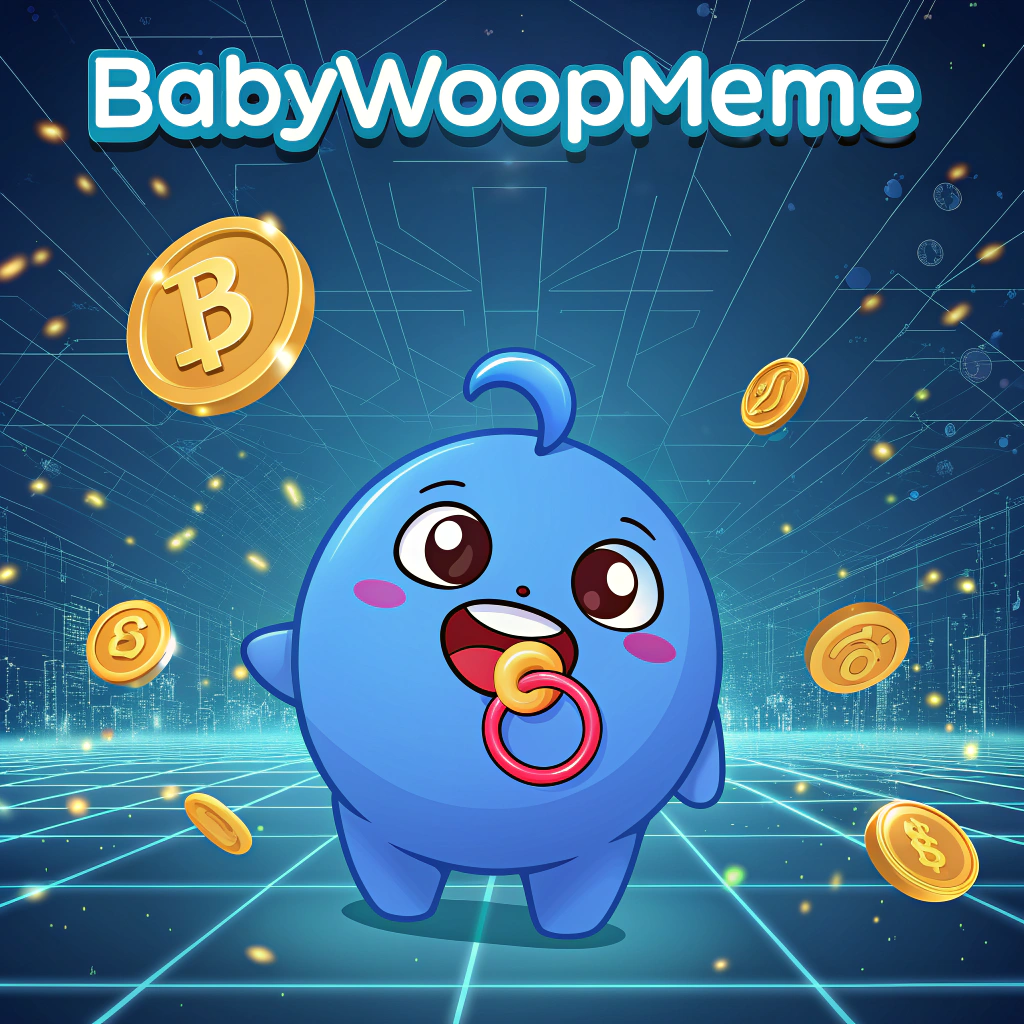 AI generated image by Red Panda AI: "Create a fun and vibrant crypto meme featuring 'BabyWoopMeme,' a playful, round blue cartoon character with a shiny pacifier and a mischievous wink that radiates confidence and charm. Its most distinctive feature is its oversized infinity-logo-shaped cradles, a bold trademark symbolizing endless potential. Set the character in a futuristic digital world filled with neon-lit blockchain nodes, glowing data streams, and a playful atmosphere. Add cryptocurrency-themed humor with golden tokens flying around and BabyWoop juggling coins stamped with infinity logos. Use bright blue, white, and neon tones to emphasize the tech-savvy, meme-worthy vibe of the scene."