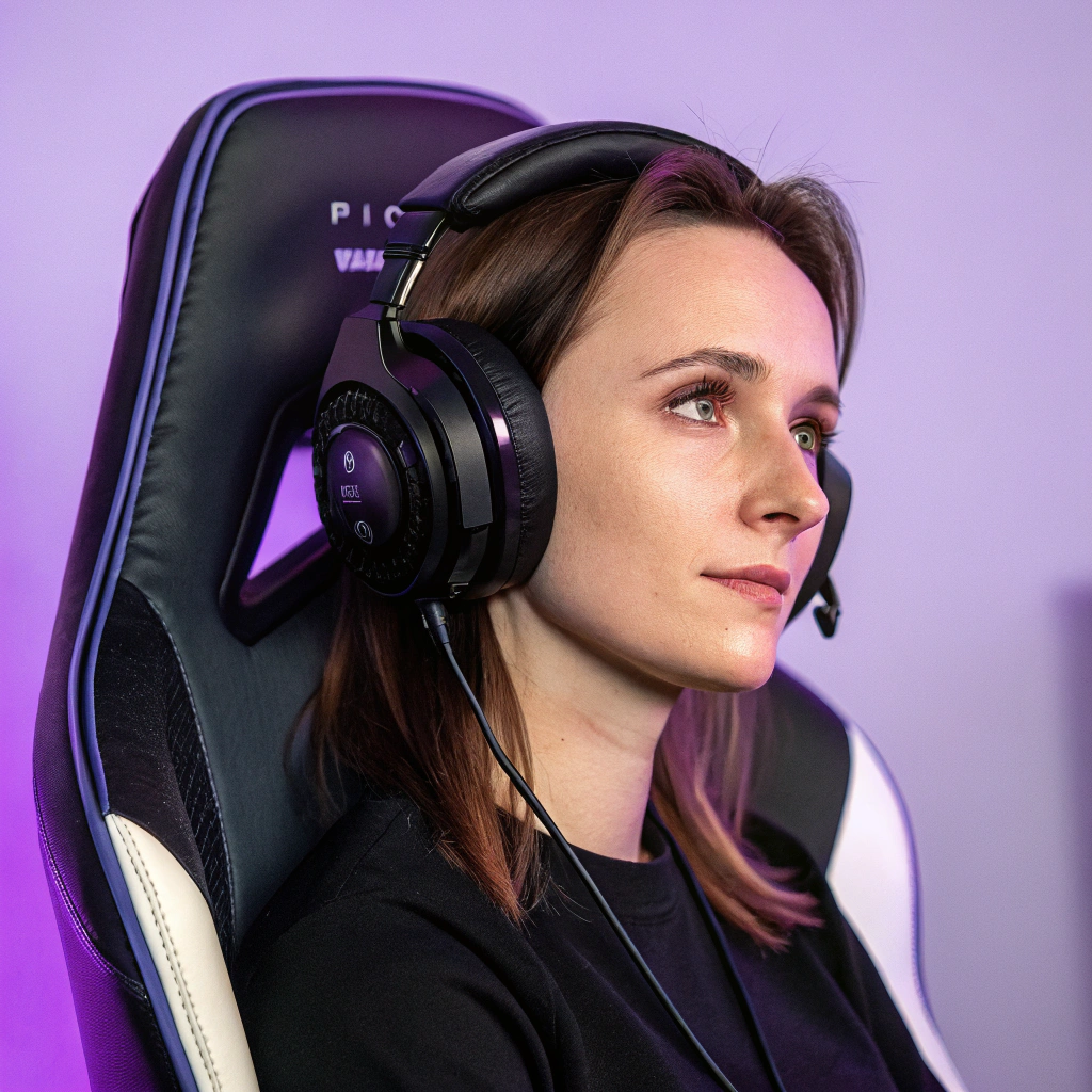 AI generated image by Red Panda AI: Chica de 31 años, tez blanca, sus ojos con iris oscura, sentada en una silla gamer con audifonos, mirando de frente con un fondo morado