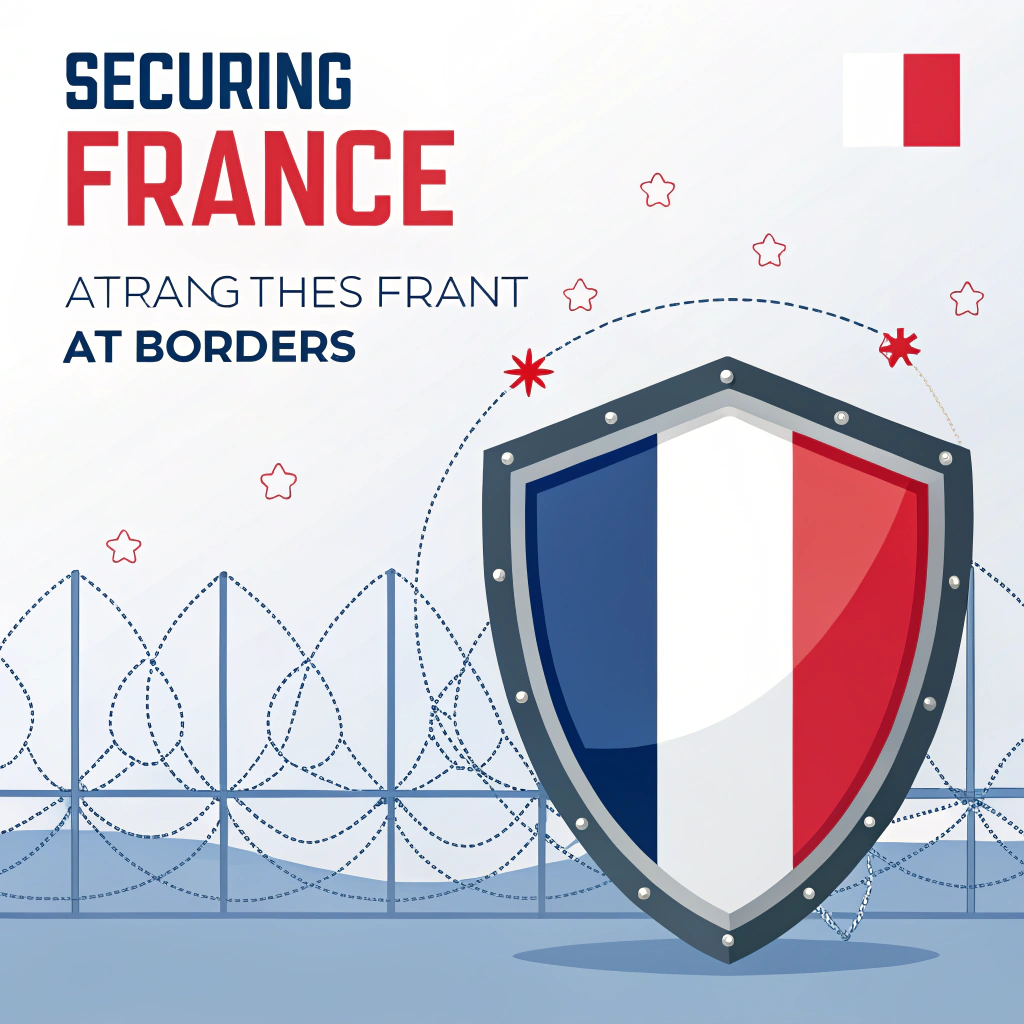 AI generated image by Red Panda AI: Une image qui montre le concept de sécurisation de la France aux frontières. L'image doit montrer un bouclier avec le drapeau français.  Ne pas mettre de texte. 
