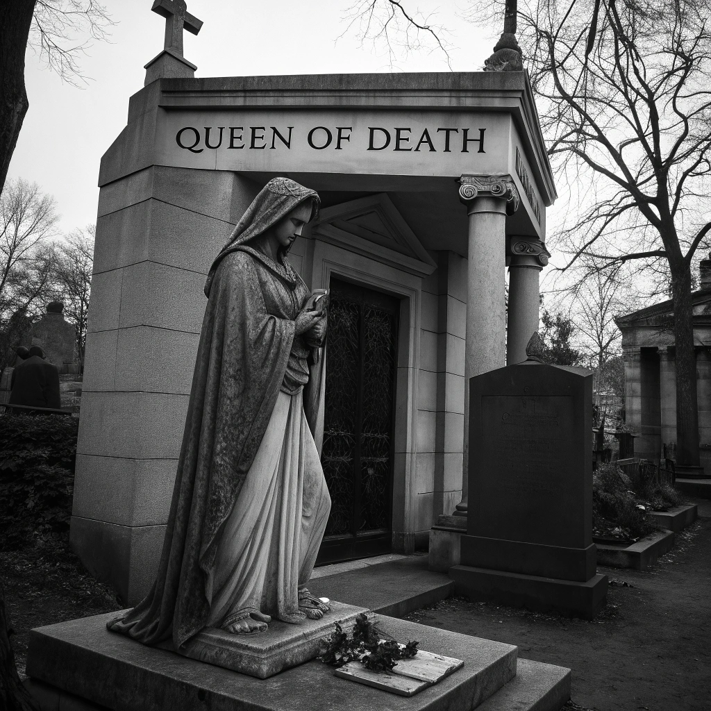 AI generated image by Red Panda AI: a black and white photo of a statue, queen of death, dark atmosphere pinterest, carved in marble, holding grimoire, cemetery, paris, masonic, inspired by Eugène Carrière, all things cease to exist, art of émile eisman-semenowsky, by Alexander Sharpe Ross, cloak, tombstone, monumental